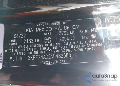 2022 Kia Forte Lxs z USA, uszkodzony, nr VIN 3KPF24AD2NE482580